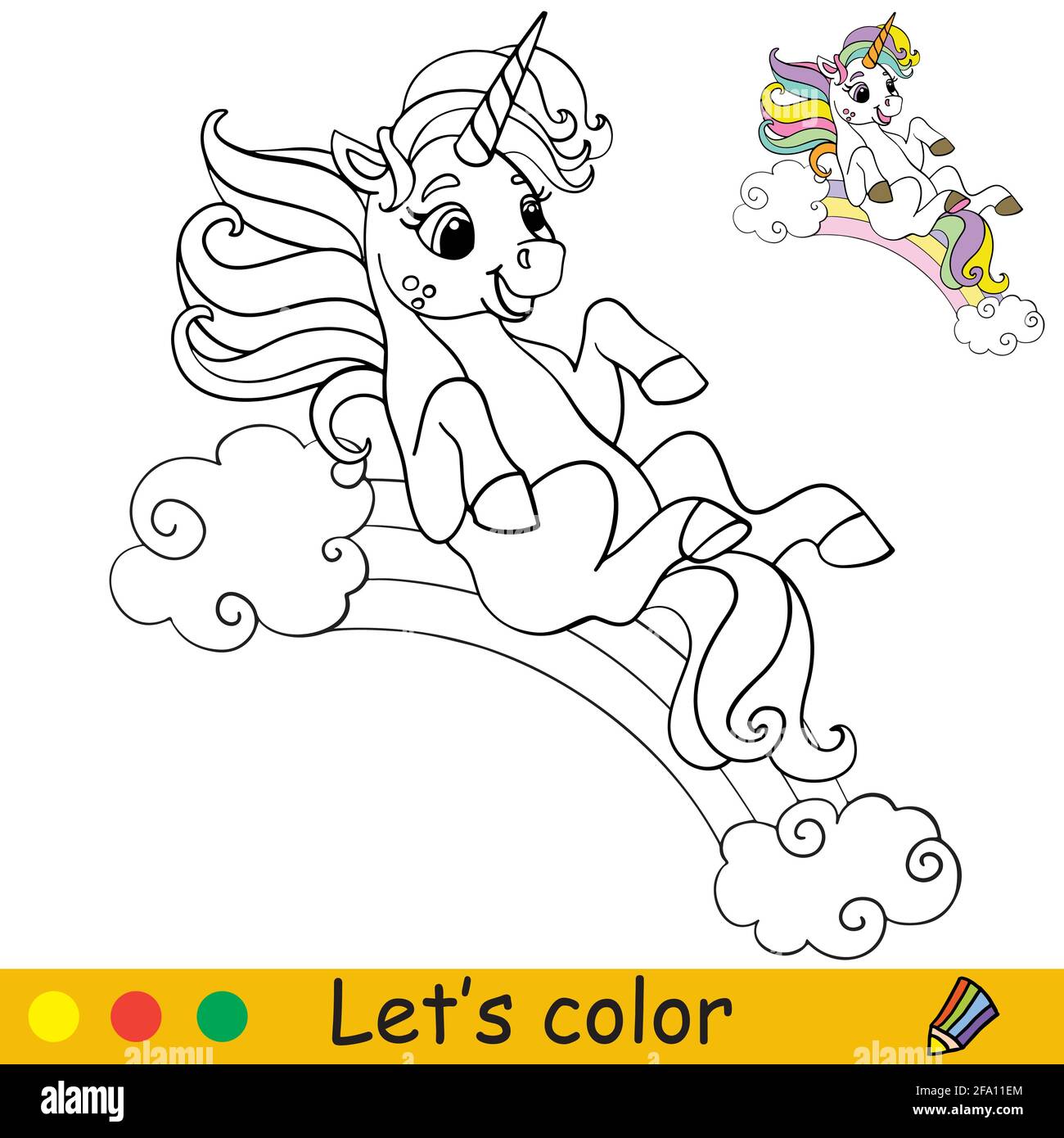 Carino unicorno rotola giù l'arcobaleno. Colorare la pagina del libro con il modello colorato. Illustrazione isolata di cartoni animati vettoriali. Per colorazione, istruzione, stampa, Illustrazione Vettoriale