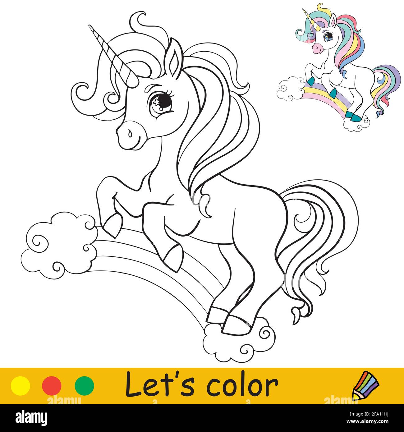 Carino unicorno in piedi su un arcobaleno. Colorare la pagina del libro con il modello colorato. Illustrazione isolata di cartoni animati vettoriali. Per libro da colorare, istruzione, pri Illustrazione Vettoriale
