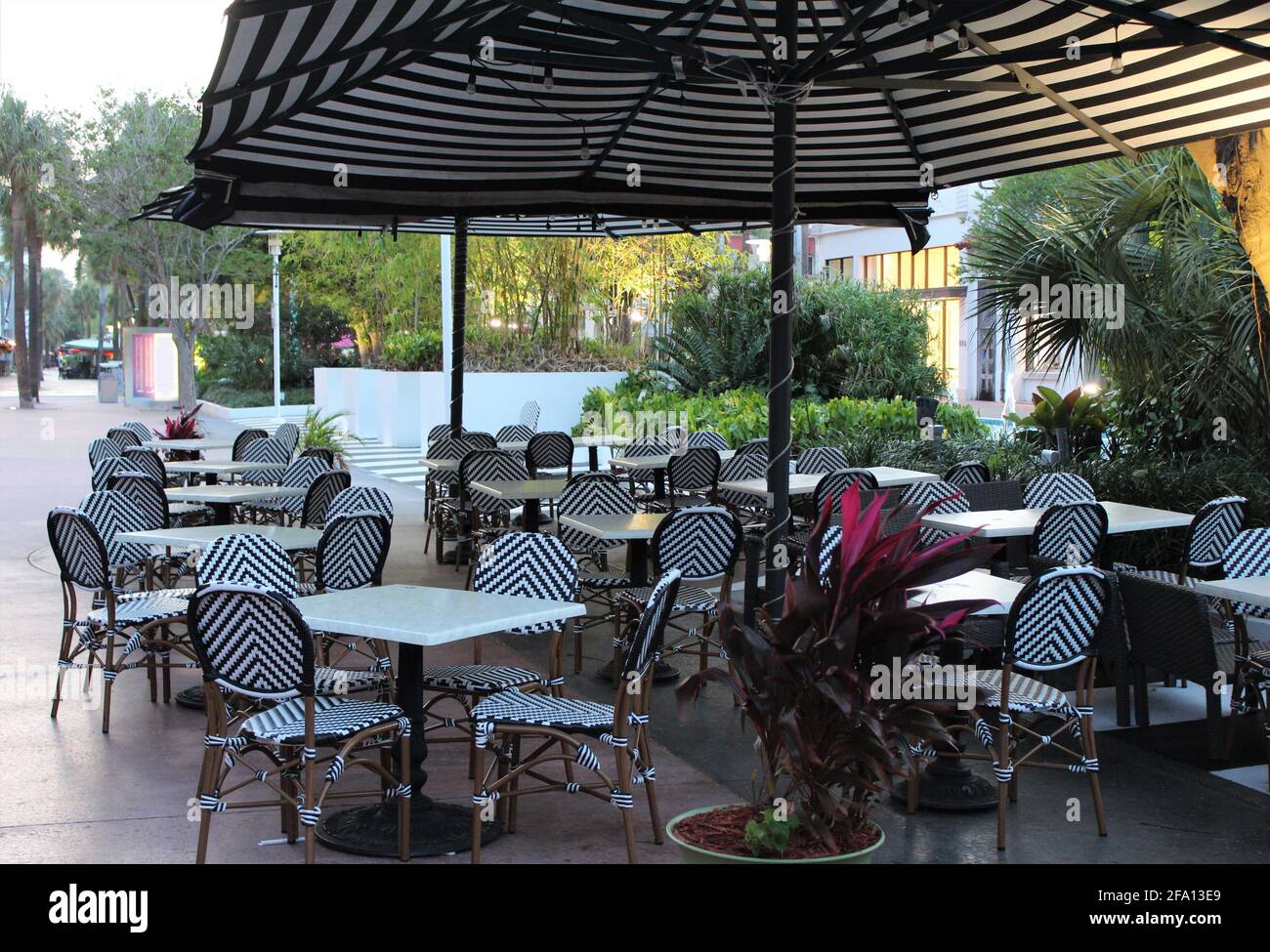 Splendida zona pranzo all'aperto perfetta per una pandemia COVID-19. Sedie da picnic e tavoli con ombrelloni. Foto Stock