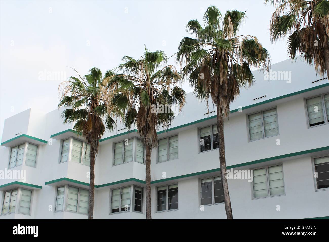 Tipico edificio bianco con alte palme in Miami Beach Florida. Foto Stock