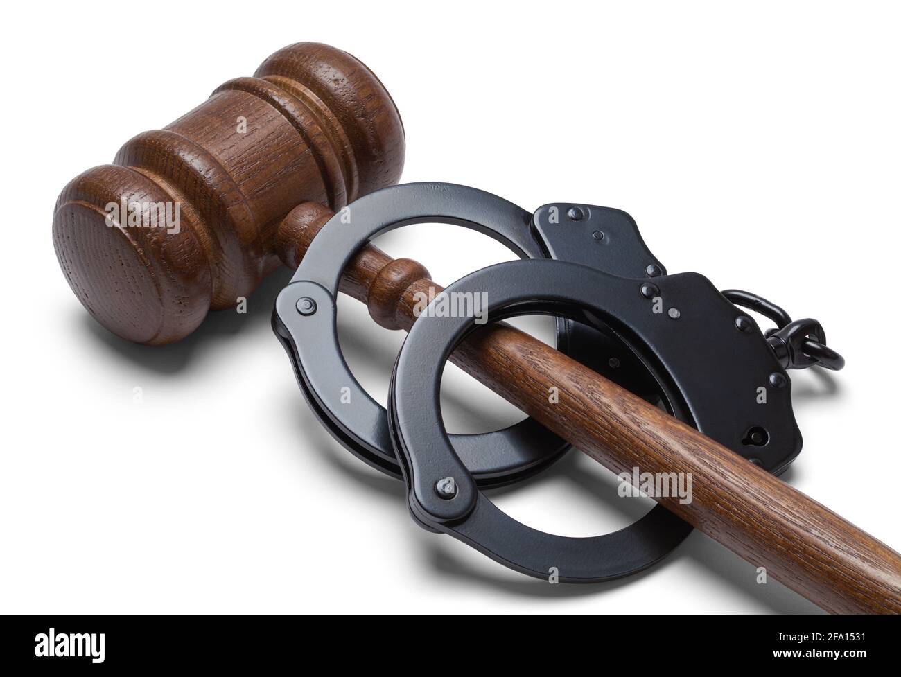 Giudici Gavel e manette in metallo nero tagliati fuori. Foto Stock