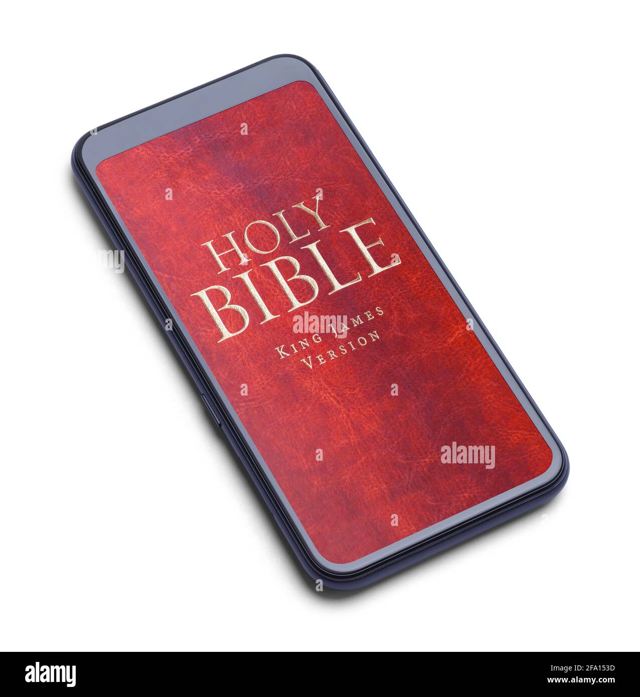 Smartphone con la Bibbia Santa sullo schermo tagliato. Foto Stock