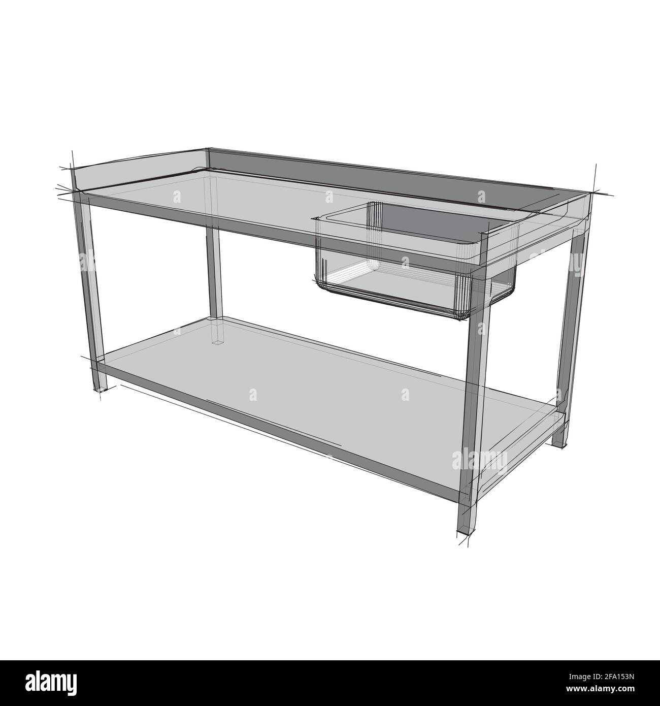 Disegno tecnico di un lavello di un ristorante in stile architettonico. Illustrazione vettoriale schematica del lavello da cucina commerciale su sfondo bianco Illustrazione Vettoriale
