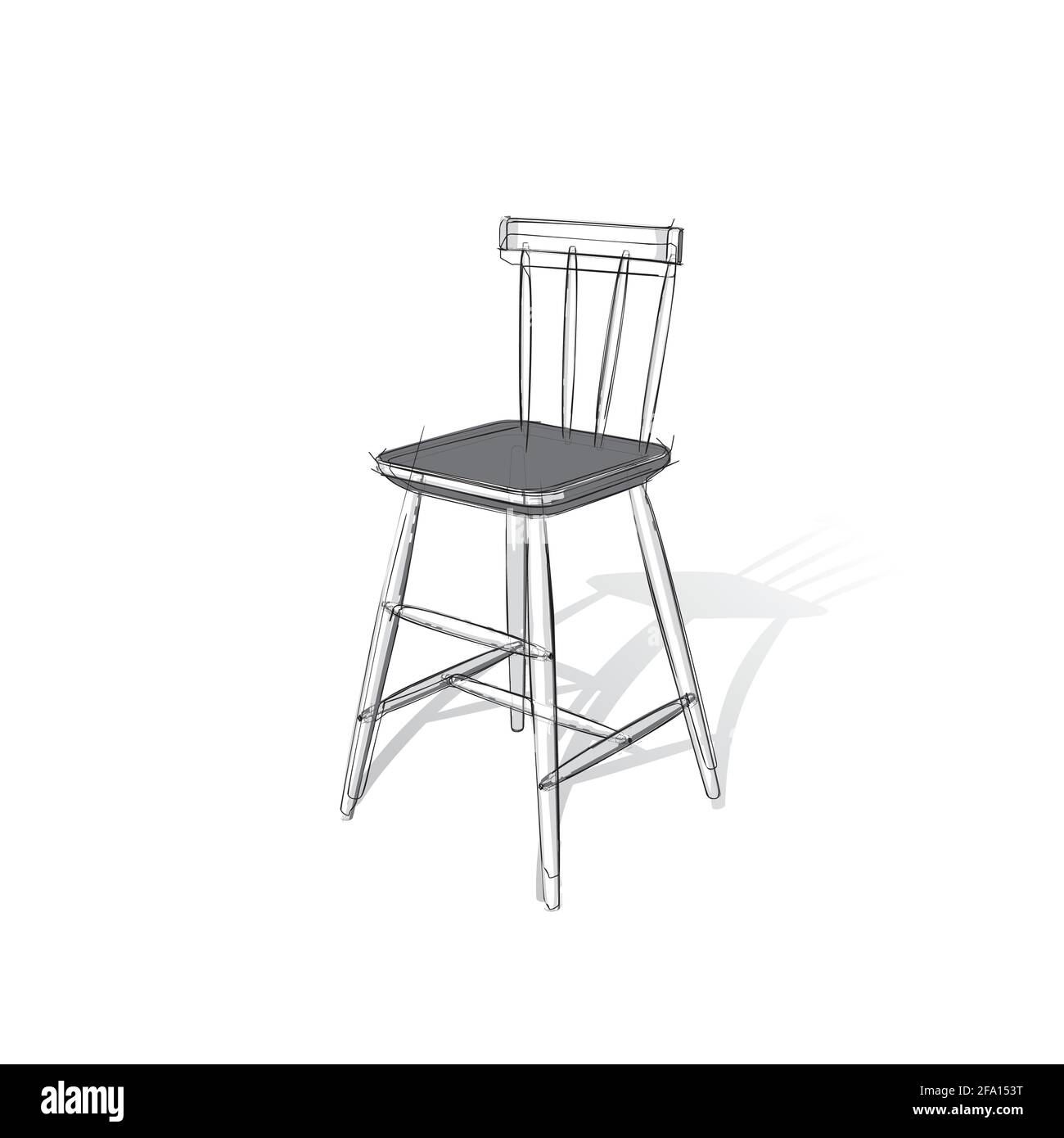 Disegno tecnico di uno sgabello da bar in stile architettonico. Illustrazione vettoriale schematica su sfondo bianco Illustrazione Vettoriale