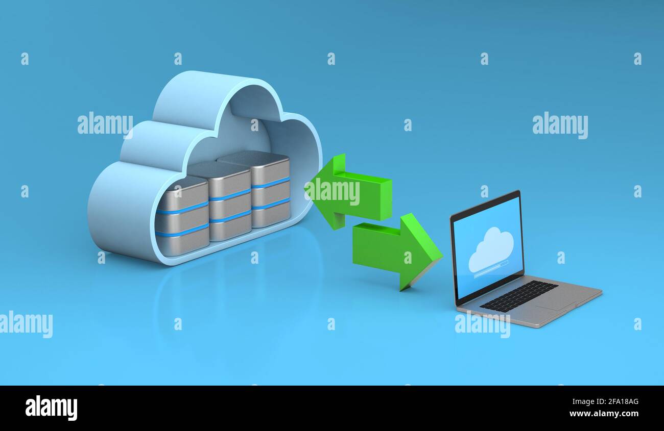 Sincronizzazione dei dati. Archiviazione cloud. Isolato su sfondo bianco. rendering 3d. Foto Stock