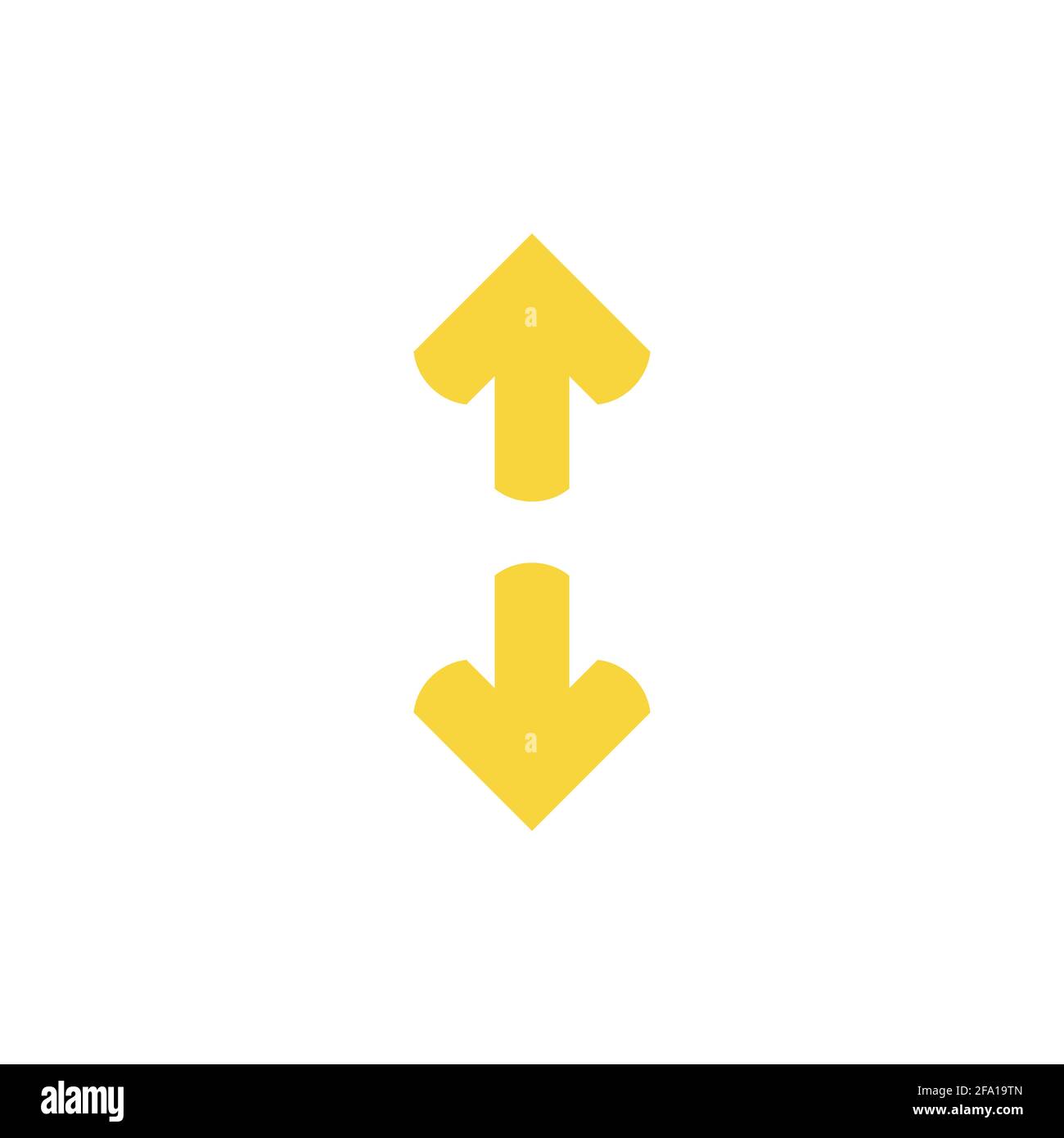 Icona del vettore verticale capovolgimento. Due frecce gialle opposte isolate su bianco. Icona di scambio piatto. Pittogramma flip flop. Freccia verticale a doppia testa. Illustrazione Vettoriale