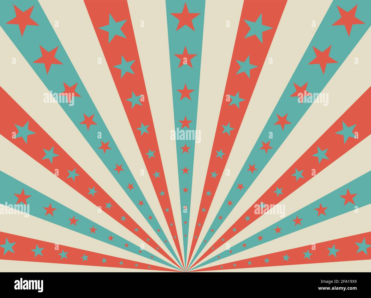 Luce solare sfondo orizzontale. Sfondo a raffica di colore rosso e blu con stelle lucenti. Illustrazione vettoriale. Sfondo del modello Sunburst del raggio del sole. M Illustrazione Vettoriale