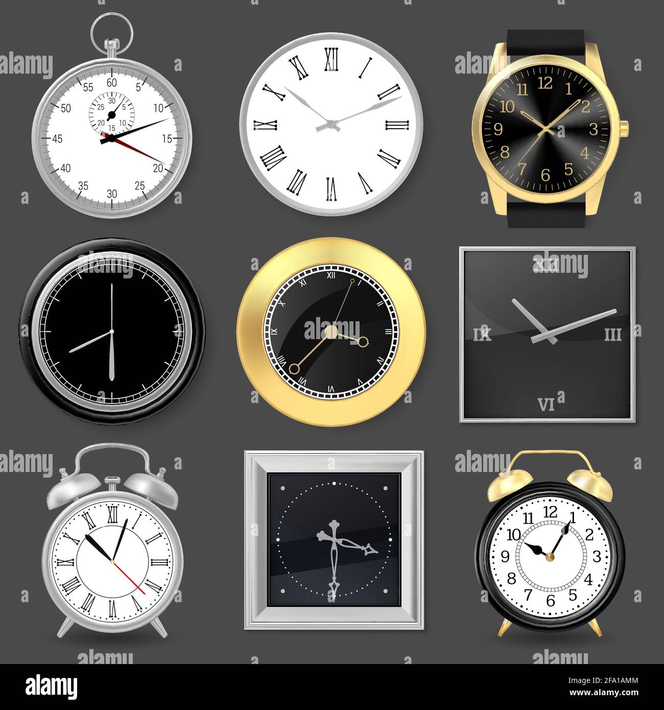 Orologi realistici. Orologio da polso, sveglia e orologi da parete in metallo argento, set di illustrazioni vettoriali per quadrante con orologio 3D. Orologi analogici rotondi Illustrazione Vettoriale
