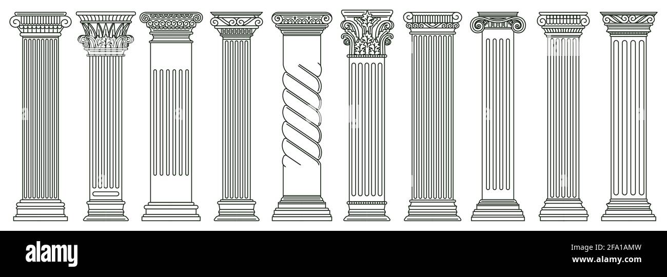 Antiche colonne classiche. Colonne di architettura greca e romana, colonne architettoniche storiche isolato insieme di illustrazioni vettoriali. Classico antico Illustrazione Vettoriale