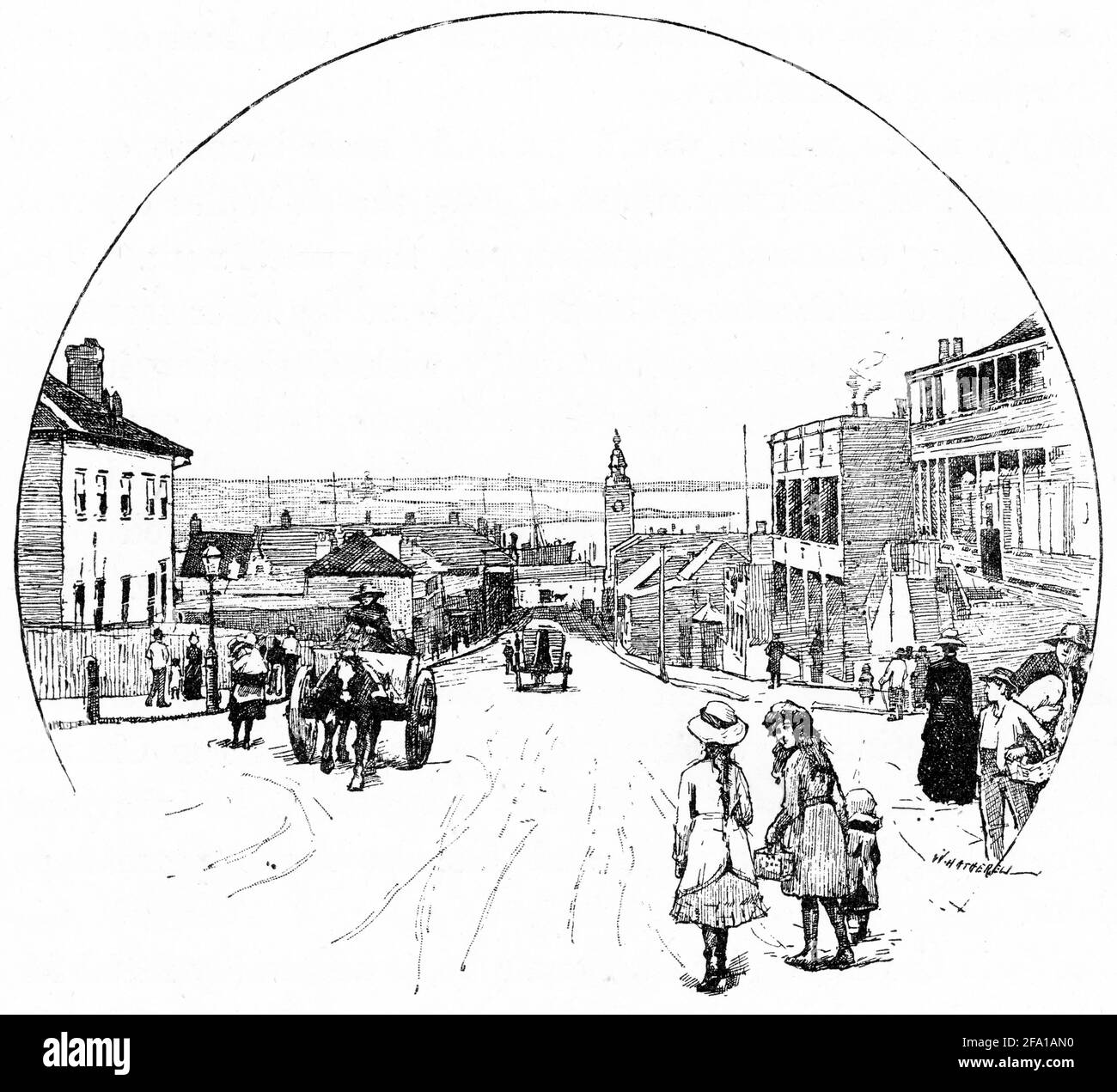 Incisione di un acquirente in Watt Street, Newcastle, New South Wales, Australia, circa 1890 Foto Stock