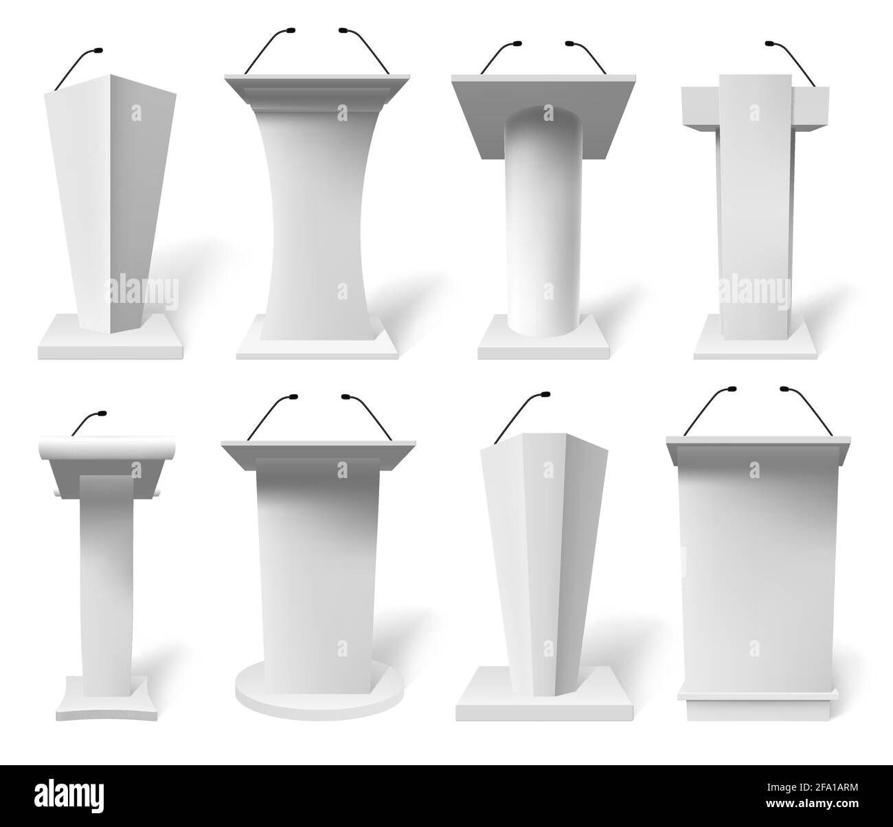 Tribune del parlato realistico. Dibattito tribune podi con microfono, presentazione pubblica 3d tribune vettore illustrazione set. Bianco podio tribune mockups Illustrazione Vettoriale