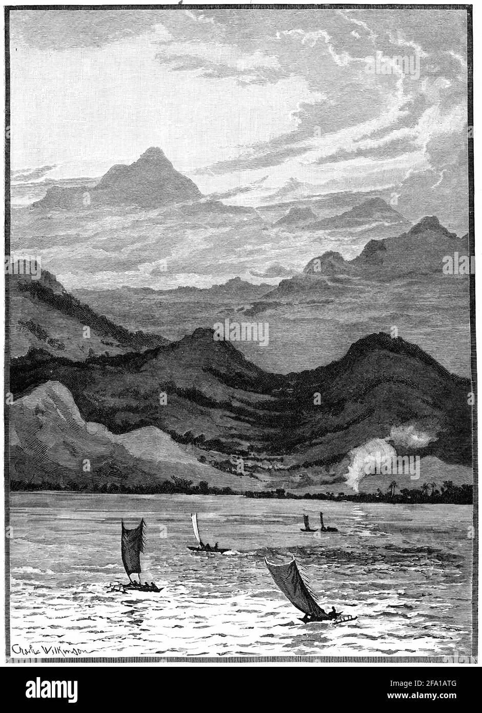 Incisione della catena Owen-Stanley in Nuova Guinea, dal mare, circa 1890 Foto Stock