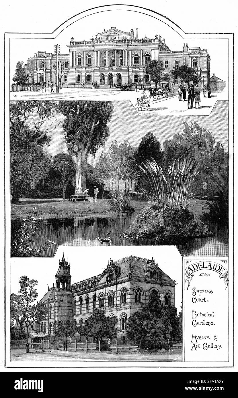 Incisione di tre luoghi ad Adelaide, Australia del Sud durante l'edificio della Corte Suprema del 1880 (dall'alto), i Giardini Botanici, il Museo e la Galleria d'Arte. Foto Stock