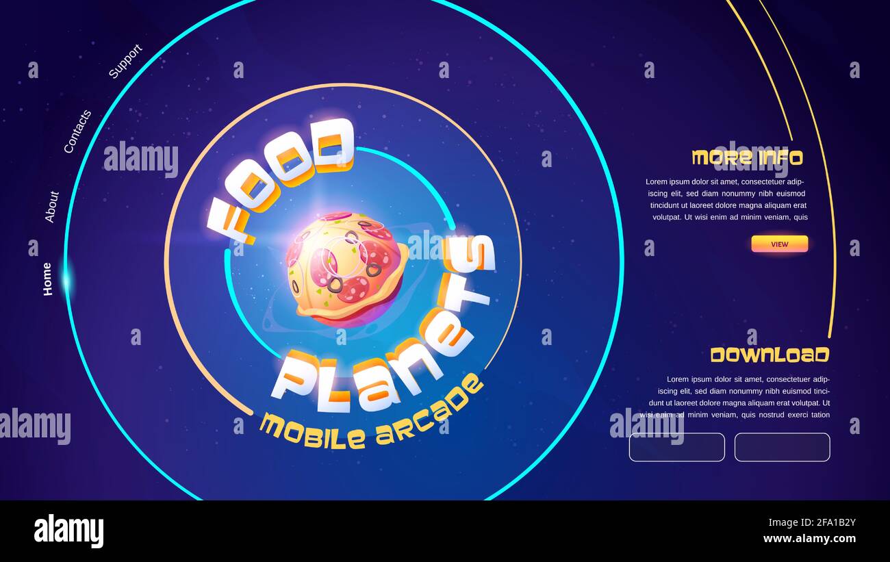 Food Planets mobile arcade gioco sito web con sfera con modello pizza. Vettore landing page del gioco online con cartoni animati illustrazione dello spazio esterno con divertente pianeta pizza aliena Illustrazione Vettoriale