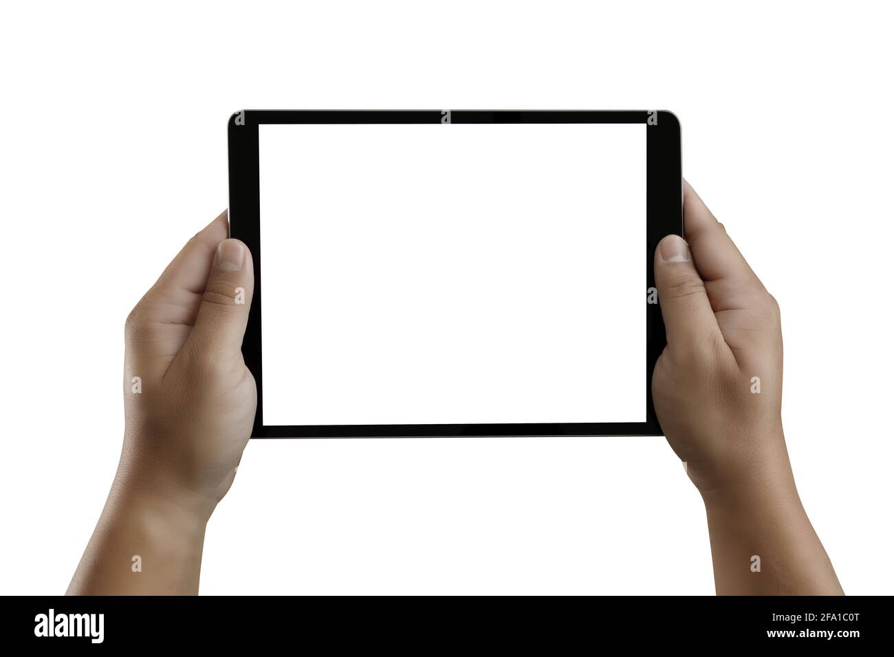uomo usa le mani del tablet vicino mani multitasking tablet vuoto Computer tablet digitale con schermo bianco Foto Stock