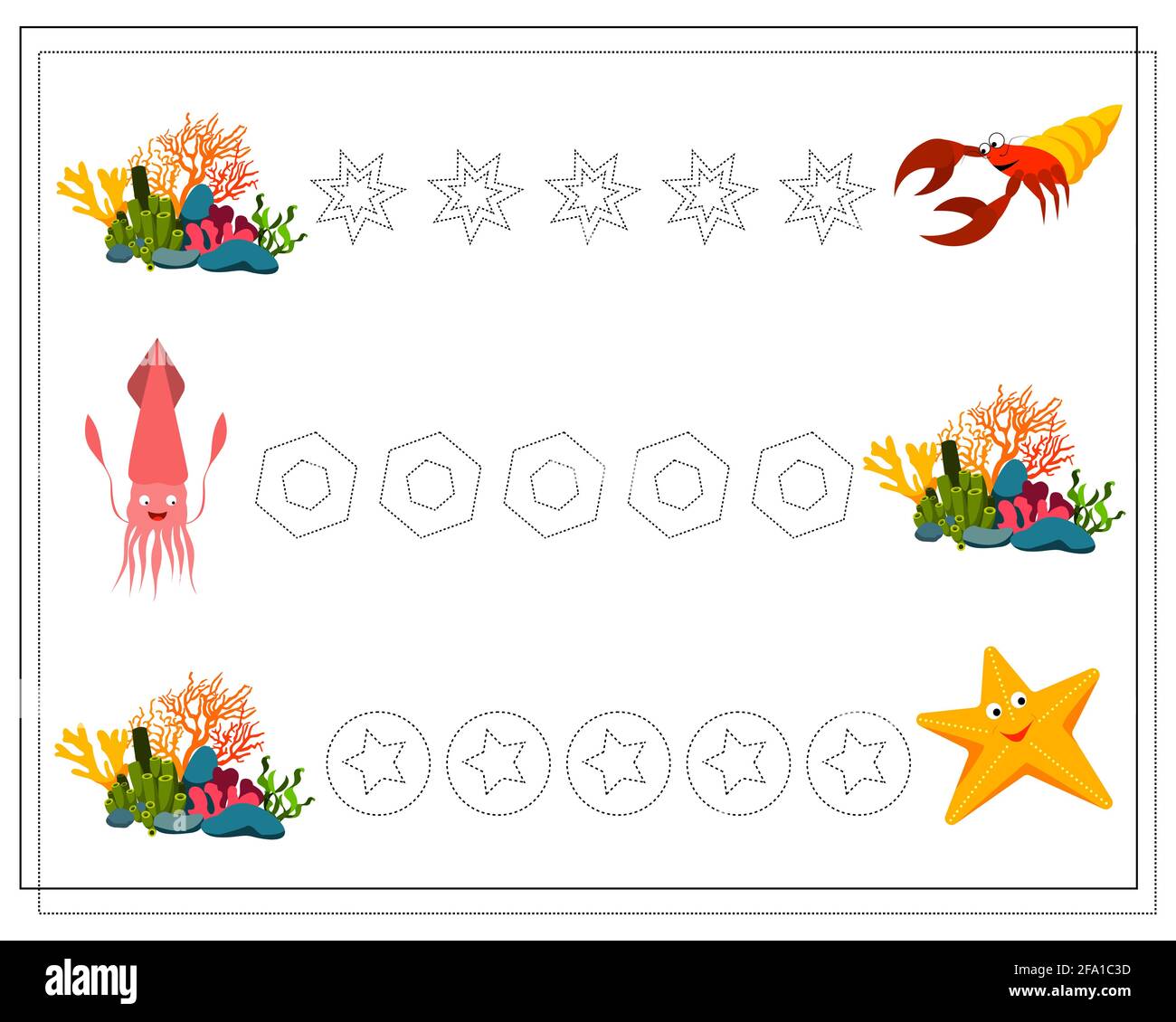 Foglio di pratica di scrittura a mano. Gioco educativo per bambini, ripristinare la linea punteggiata. Animali di mare, granchio, calamari, stelle marine, corallo. Vettore isolato su bianco Illustrazione Vettoriale