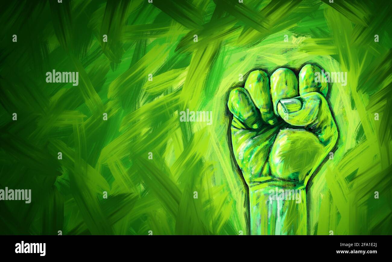 Giustizia ecologica concetto astratto come un pugno dipinto in diversi colori verdi che lottano per l'ambiente e l'ambiente e l'uguaglianza ecologica. Foto Stock
