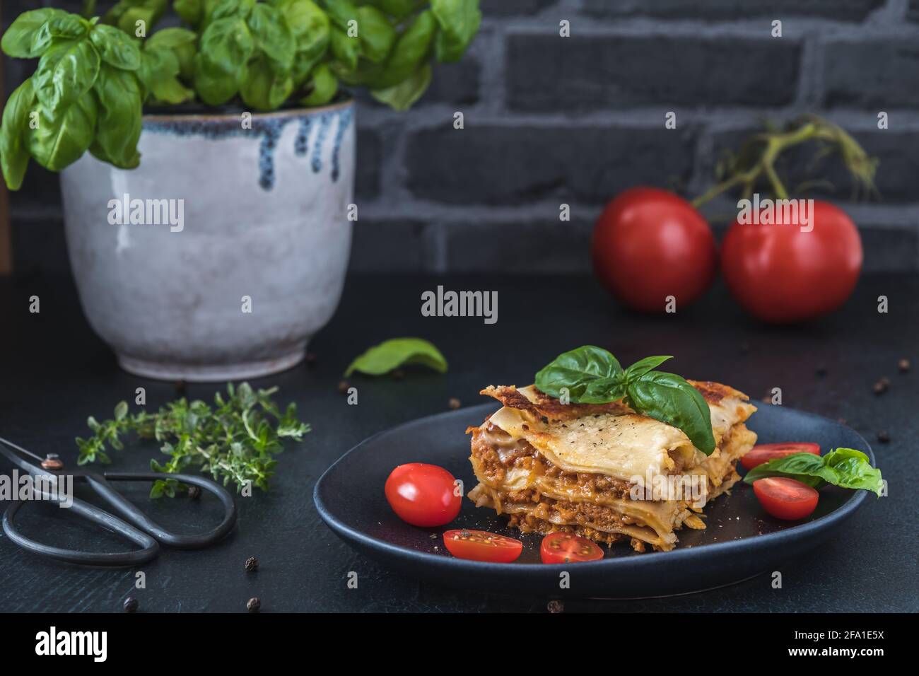 Pezzo di lasagna di soia vegetariana fatta in casa su un piatto nero, pomodori, erbe e basilico su sfondo scuro Foto Stock