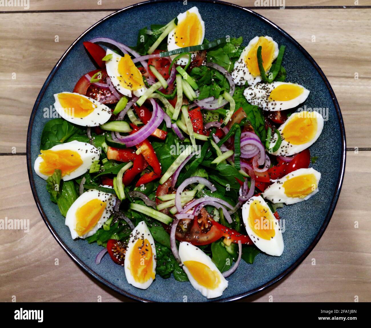 Insalata biologica di uova fresche con pomodori, cetrioli, capsicum e cipolle, cosparsa di semi di Ghia Foto Stock