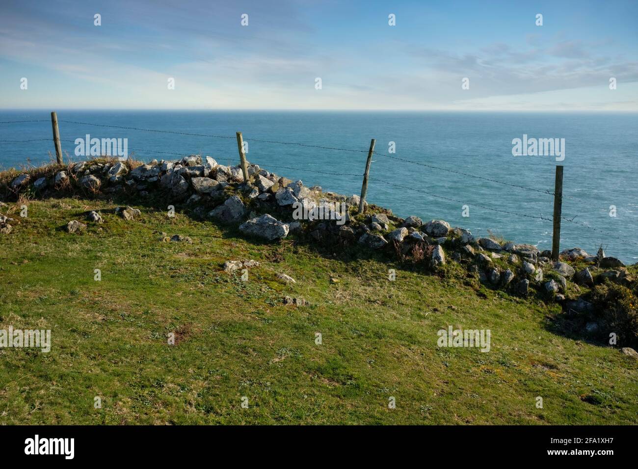 Muro di pietra e recinzione di filo spinato lungo il Pembrokeshire Coast Path. Foto Stock