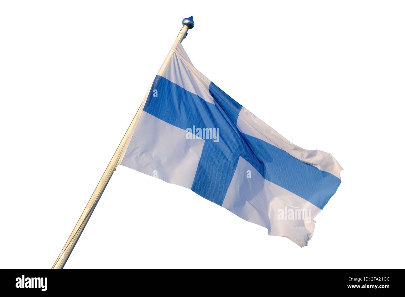 Finlandia bandiera nazionale sventolando sul vento isolato su sfondo bianco. Bandiera finlandese sul flagpole, Foto Stock