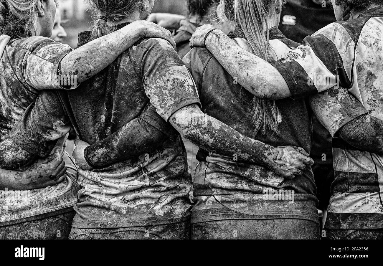 Giocatore di rugby femminile con braccia fangose e corpi in capoddle di rugby Foto Stock
