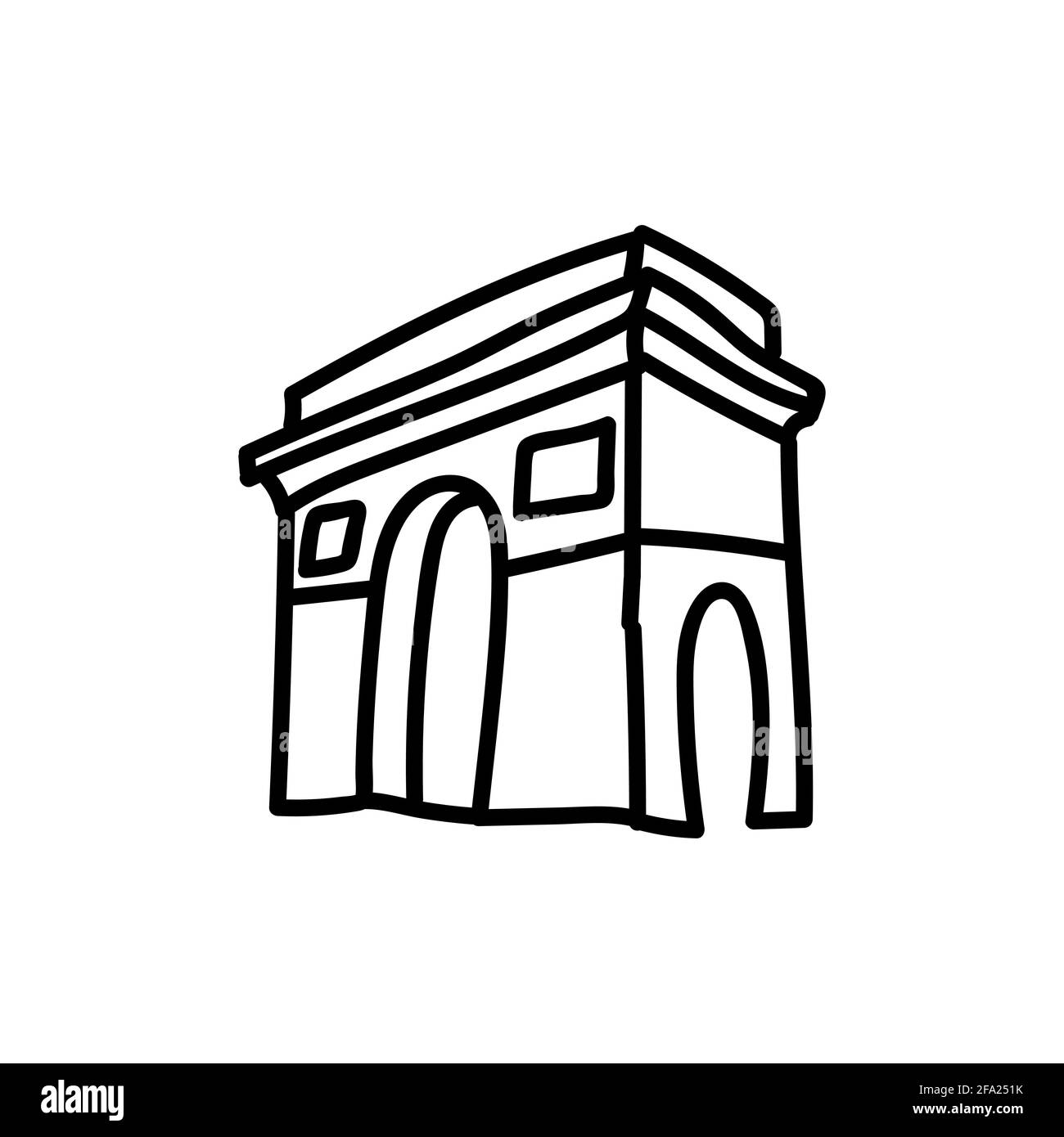Arco di Trionfo. Illustrazione vettoriale doodle disegnata a mano isolata sullo sfondo. Disegni semplici con colore nero. Illustrazione Vettoriale
