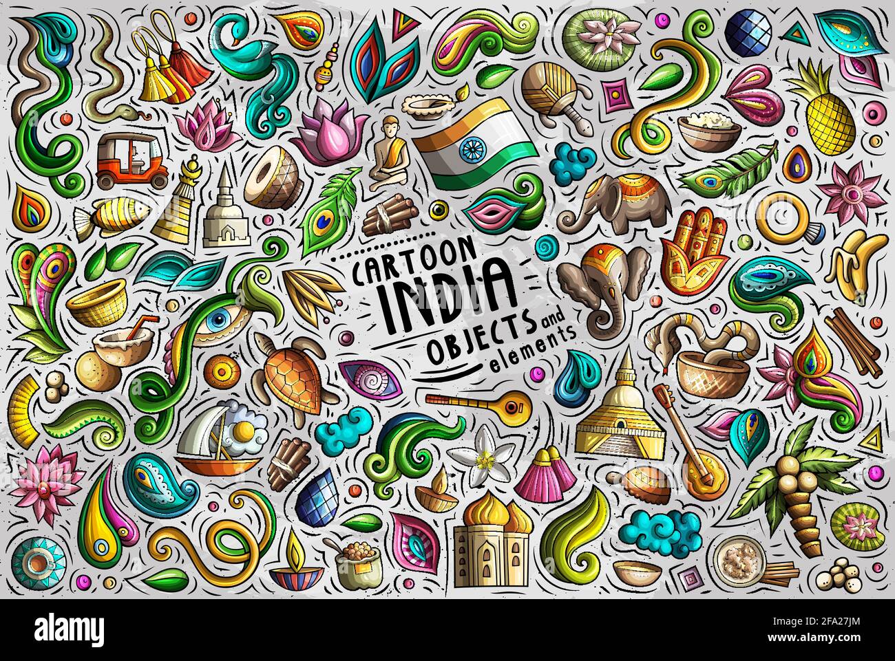Colorful vettore mano doodle cartoon set di oggetti tema India, oggetti e simboli Illustrazione Vettoriale