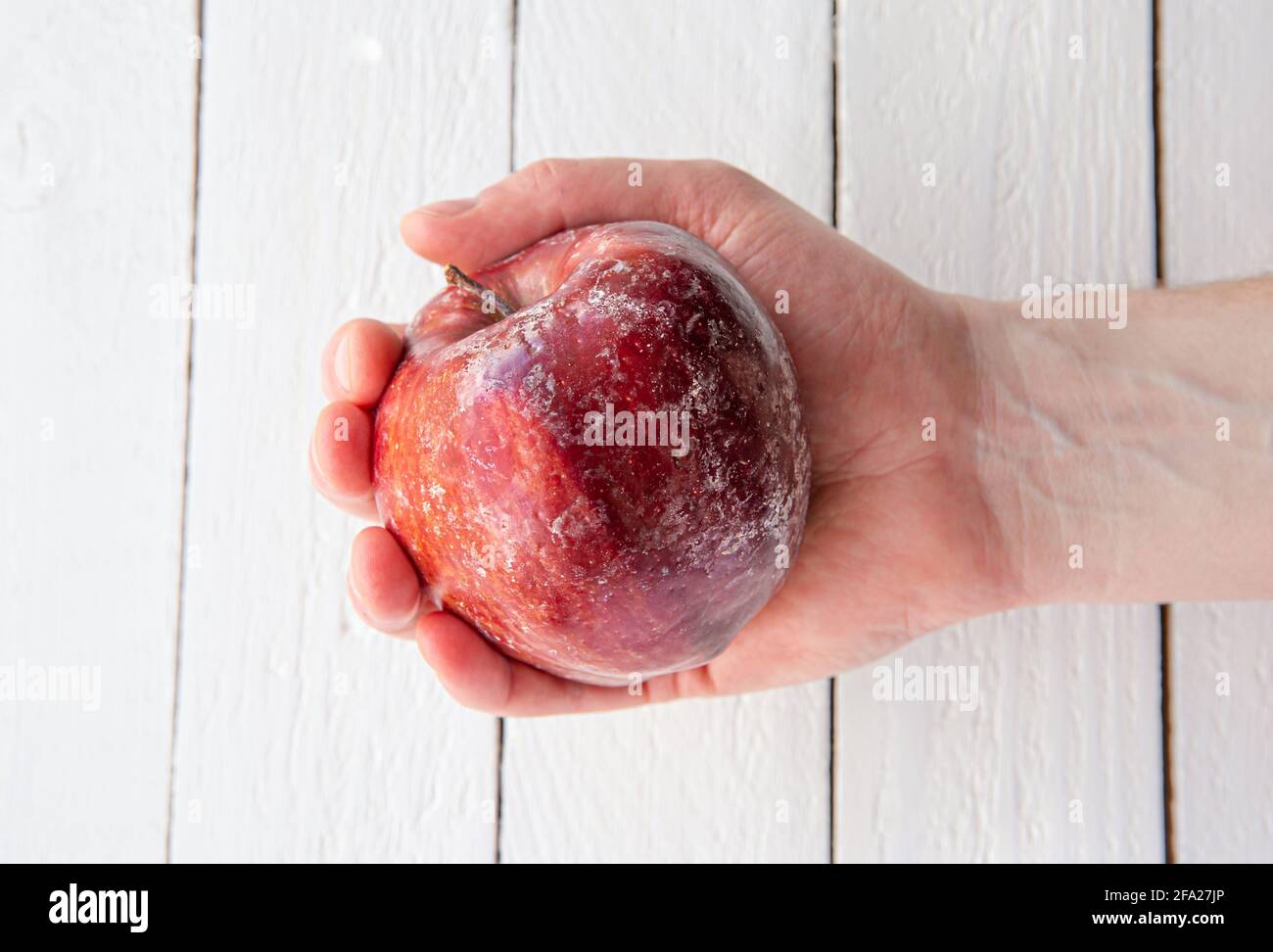 Mano dell'uomo che tiene una mela rossa con uno strato bianco di cera protettiva che si scioglie parzialmente dopo aver lavato una mela a casa. Foto Stock