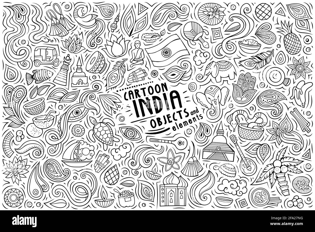 Line art vettoriale doodle disegnati a mano cartoon set di oggetti, oggetti e simboli del tema indiano Illustrazione Vettoriale