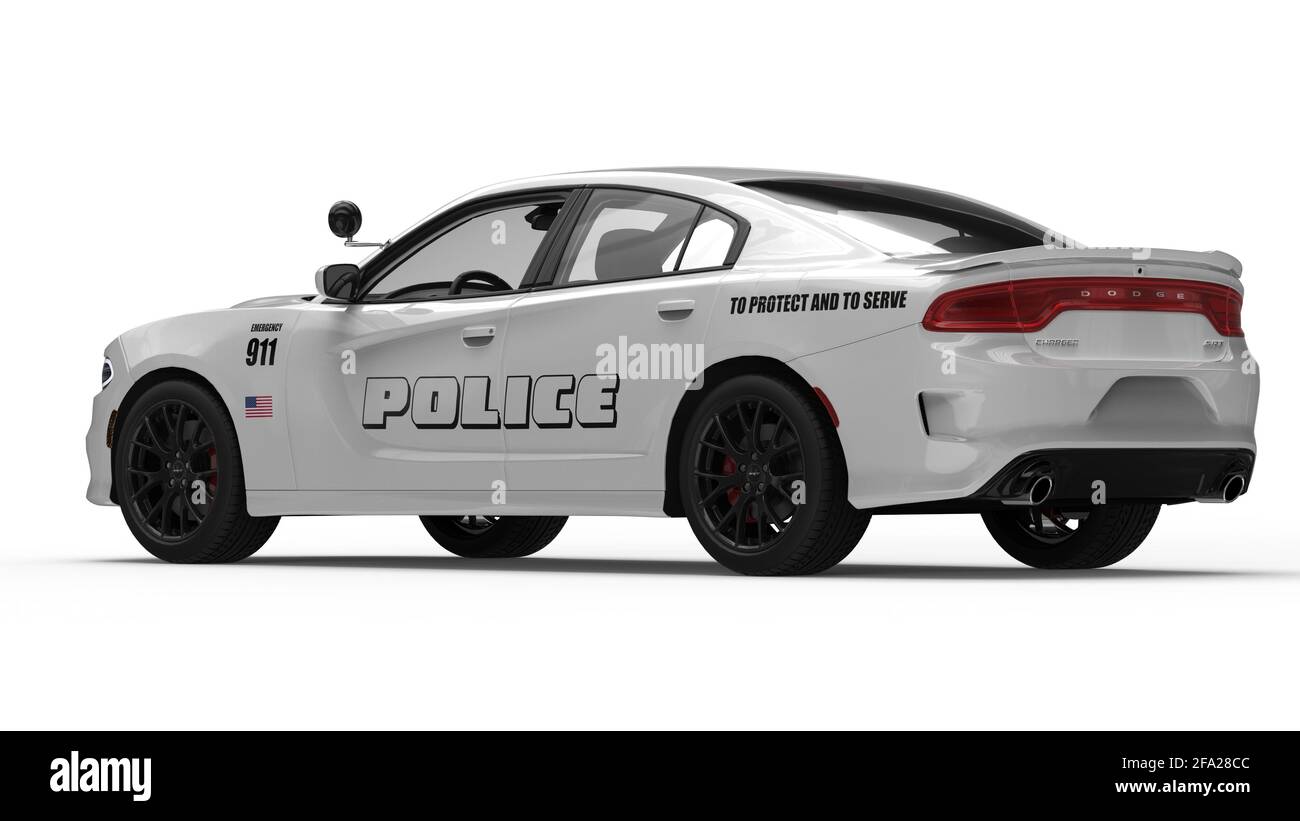 LOS ANGELES, STATI UNITI - Mar 02, 2021: Vari angoli di una macchina bianca di polizia schivare caricatore berlina su uno sfondo bianco. Dipartimento di polizia americano Foto Stock