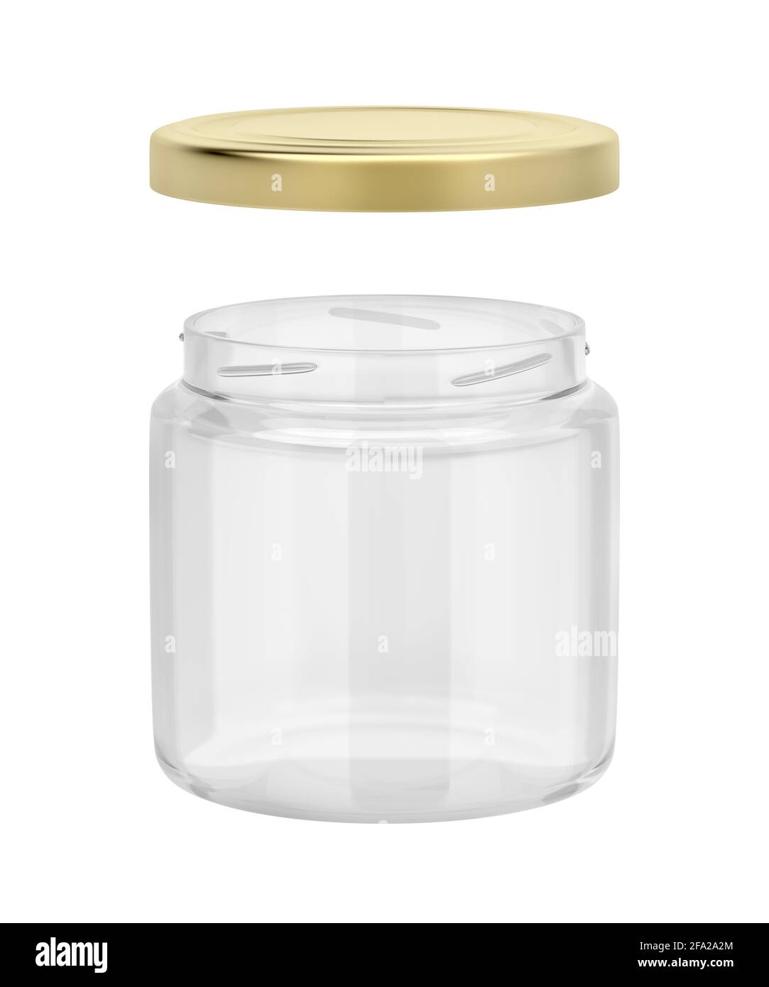 Aprire il vaso in vetro con tappo dorato, isolato su sfondo bianco Foto Stock