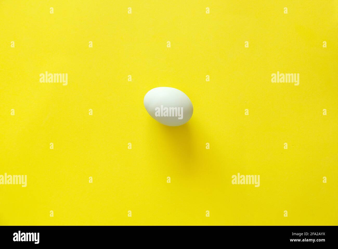 uovo di pollo azzurro sul tavolo giallo e spazio copia Foto Stock