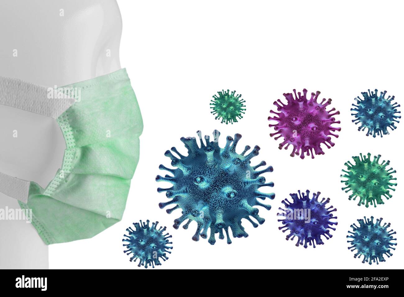 Misure preventive, protezione dell'uomo dall'epidemia di polmonite. Concetto di epidemia di coronavirus. Malattie respiratorie, diffusione del virus. Illustrazione vettoriale Foto Stock