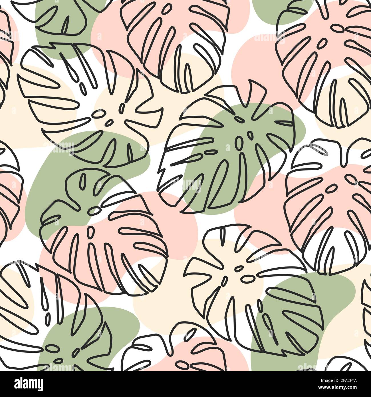 Motivo senza cuciture di contorni neri di foglie di palma e punti disegnati a mano di fiori beige, rosa e verde su uno sfondo bianco. Moderno modello color pastello Illustrazione Vettoriale