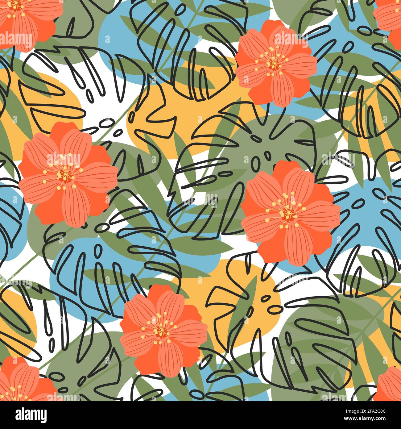 Astrazione dai contorni delle foglie di palme tropicali e fiori con piante della giungla. Pattern vettoriale senza giunture con foglie colorate Illustrazione Vettoriale