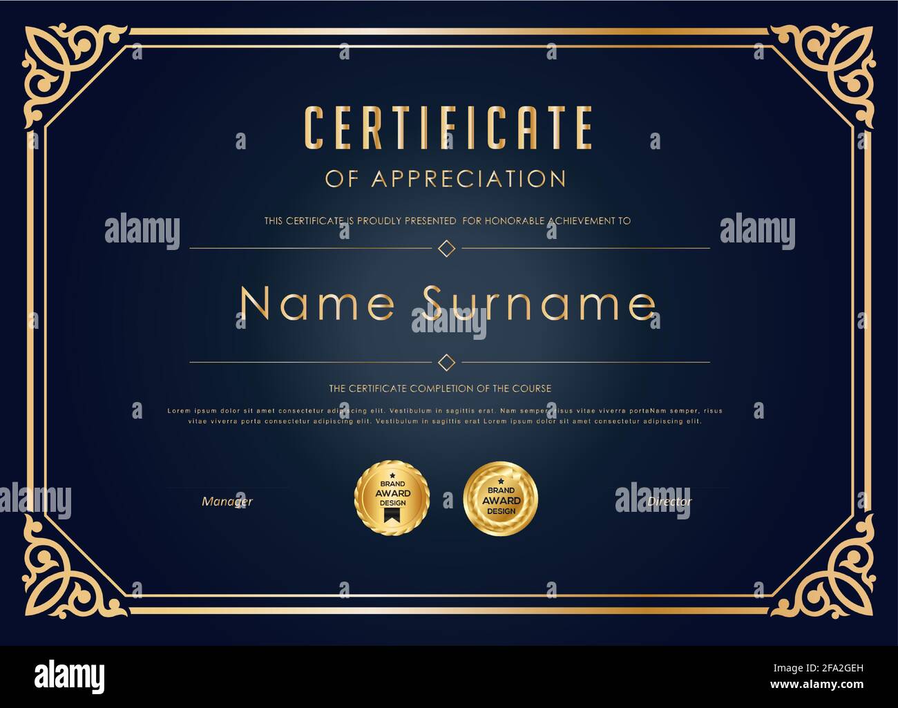 Modello certificato in blu scuro e oro Illustrazione Vettoriale