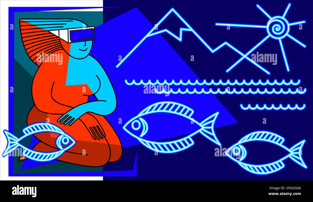 Donna in realtà virtuale occhiali guarda le montagne, mare e pesci. Composizione suprematista in colori contrastanti: Blu scuro, ciano, scarlatto Illustrazione Vettoriale