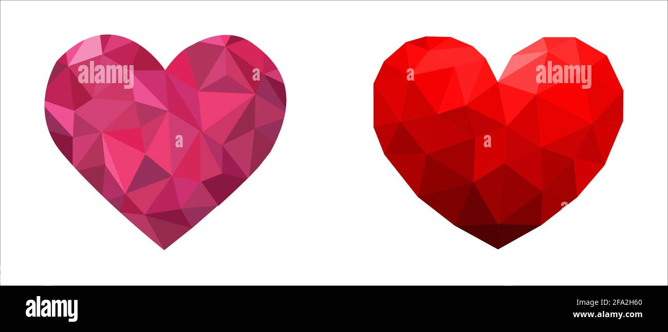 Set di due cuori poligonali di colore rosso e rosa Illustrazione Vettoriale