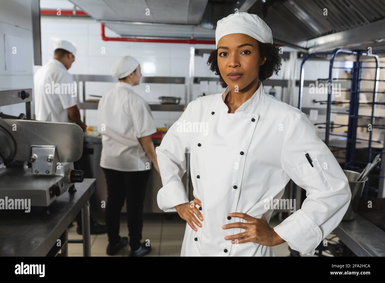 Ritratto di misto razza femmina chef professionale con colleghi in sfondo Foto Stock