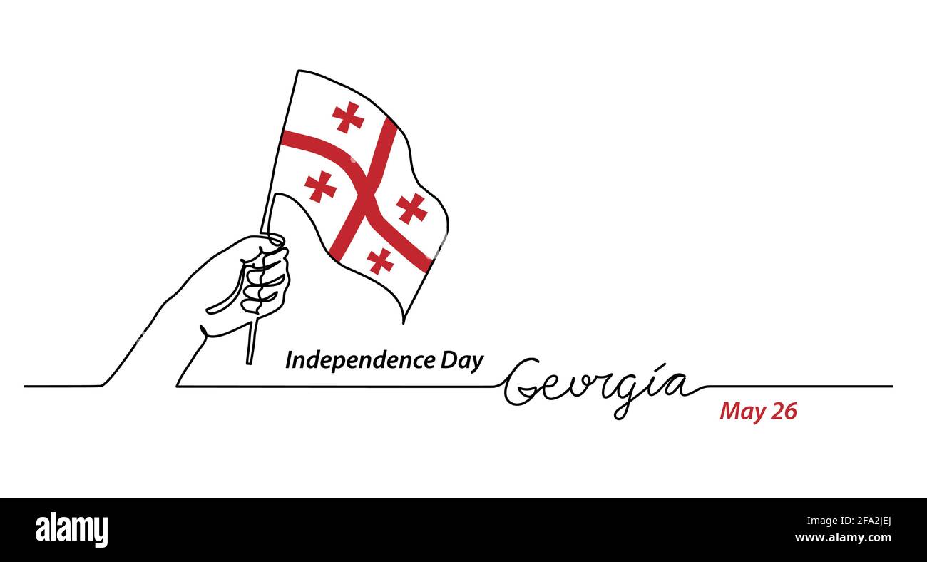 Bandiera della Georgia con mano. Independence giorno vettore banner, sfondo, poster. Un disegno a linea continua con scritta Georgia Illustrazione Vettoriale