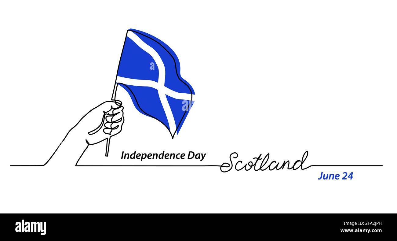 Bandiera scozzese con mano. Independence giorno vettore banner, sfondo, poster. Un disegno a linea continua con scritte scozzesi Illustrazione Vettoriale