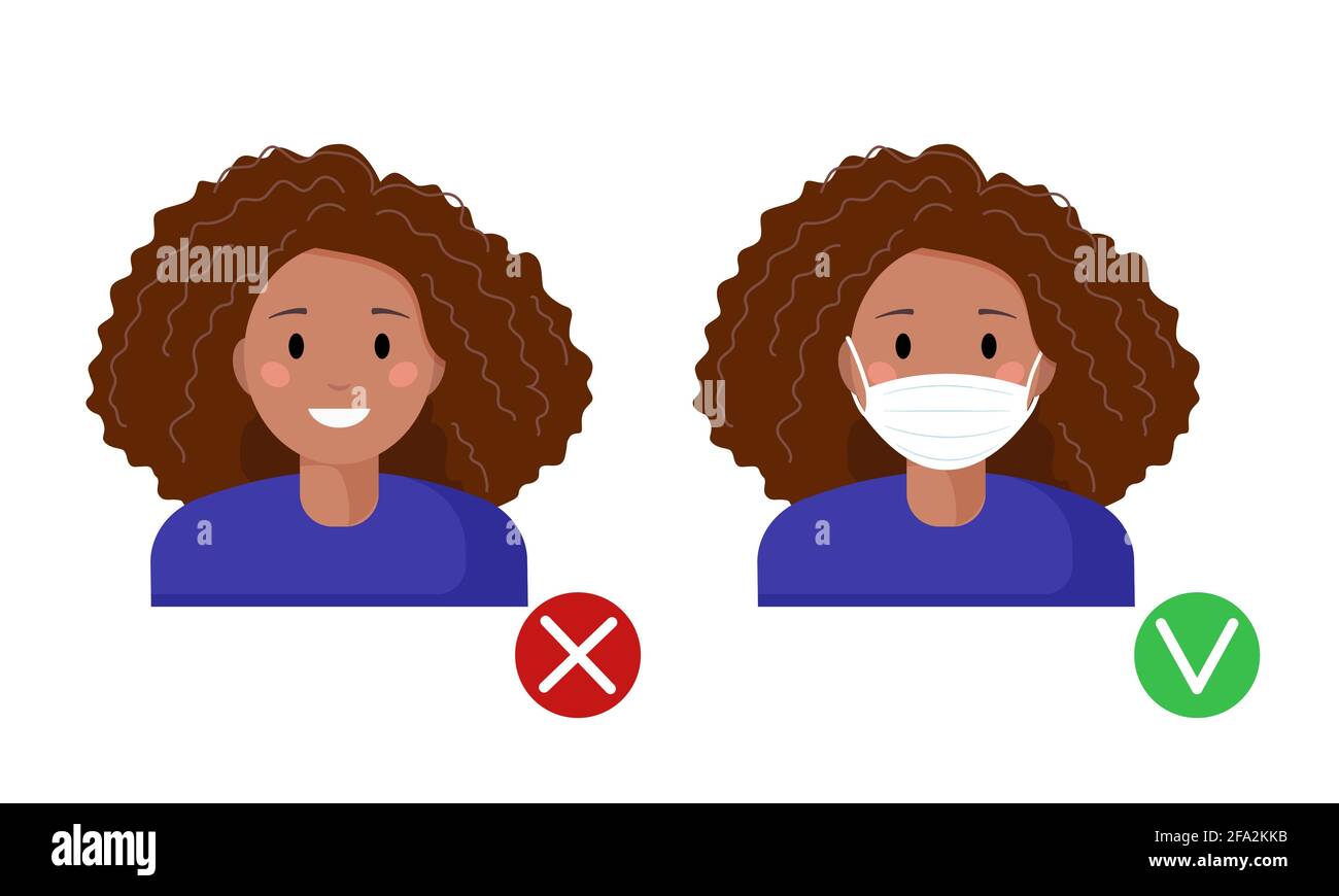 Maschera richiesta. Nessun ingresso senza indossare una maschera. Nero afro americano donna avatar femminile con e senza maschera medica. Come indossare le maschere di protezione Illustrazione Vettoriale