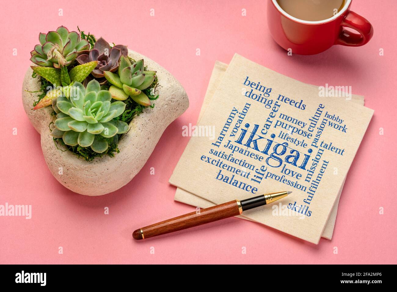 Nube di parola di ikigai - interpretazione del concetto giapponese - un motivo per essere come un equilibrio fra amore, abilità, bisogni e soldi - scrittura su un tovagliolo Foto Stock