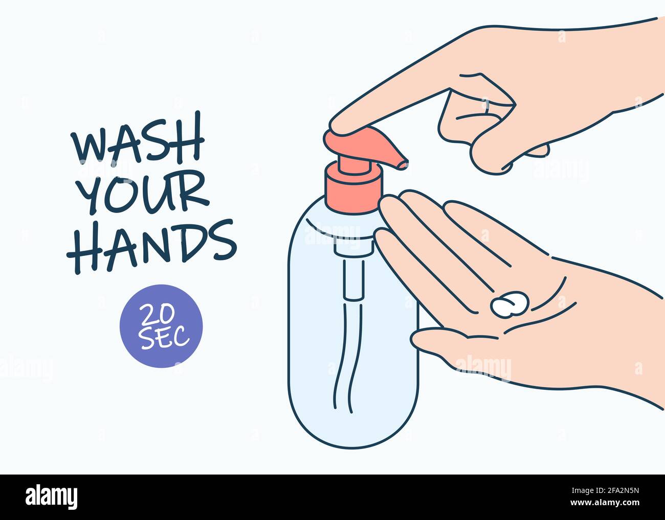 Igiene, disinfezione, coronavirus, concetto di protezione. Lavaggio delle mani con sapone igienico. Misure preventive da covid19 disease infezione illustratio Illustrazione Vettoriale