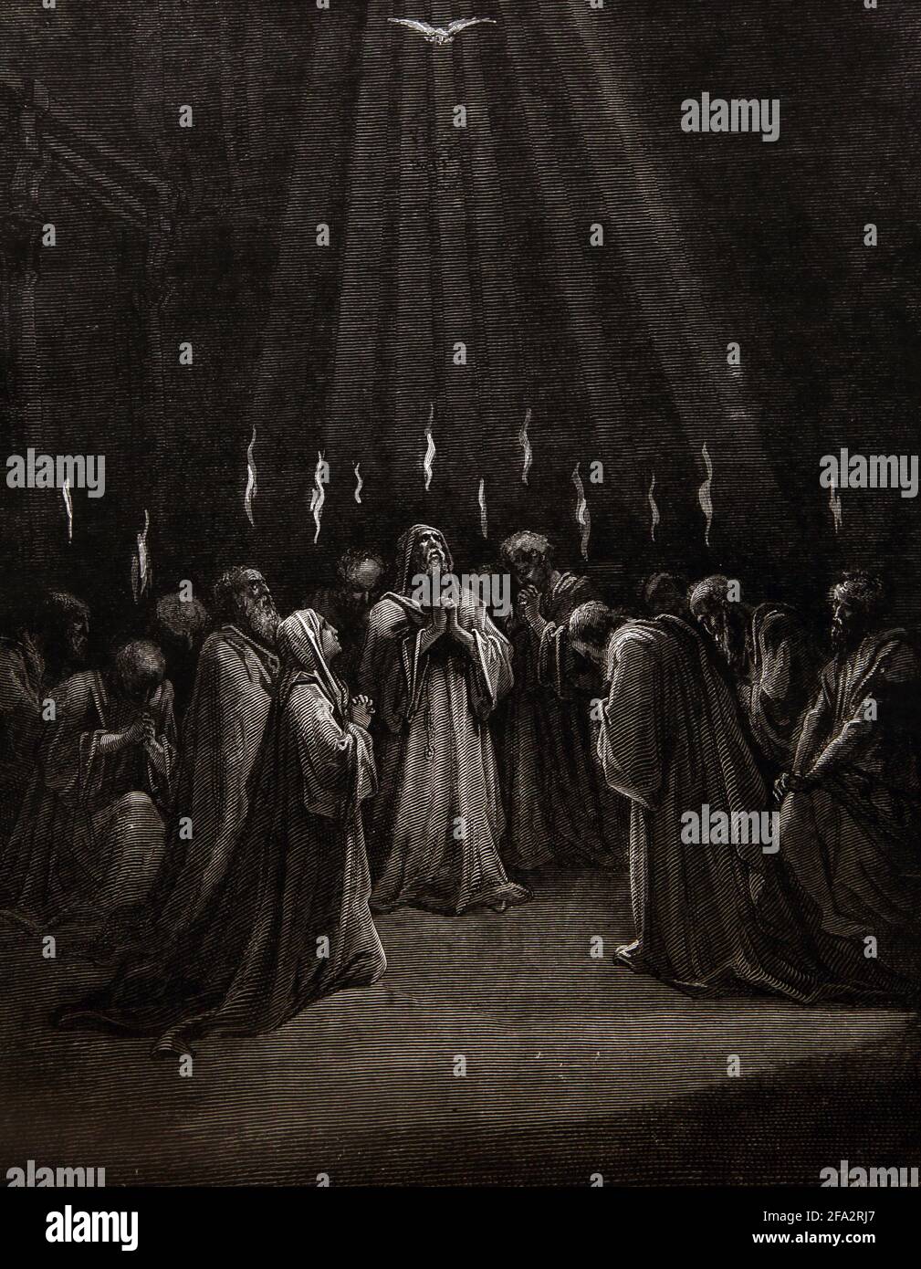 Illustrazione della storia della Bibbia della discesa dello Spirito (Acts2;2-3) Di Gustave Dore potenziare gli Apostoli con lo Spirito Santo Il giorno di Pentecoste Foto Stock