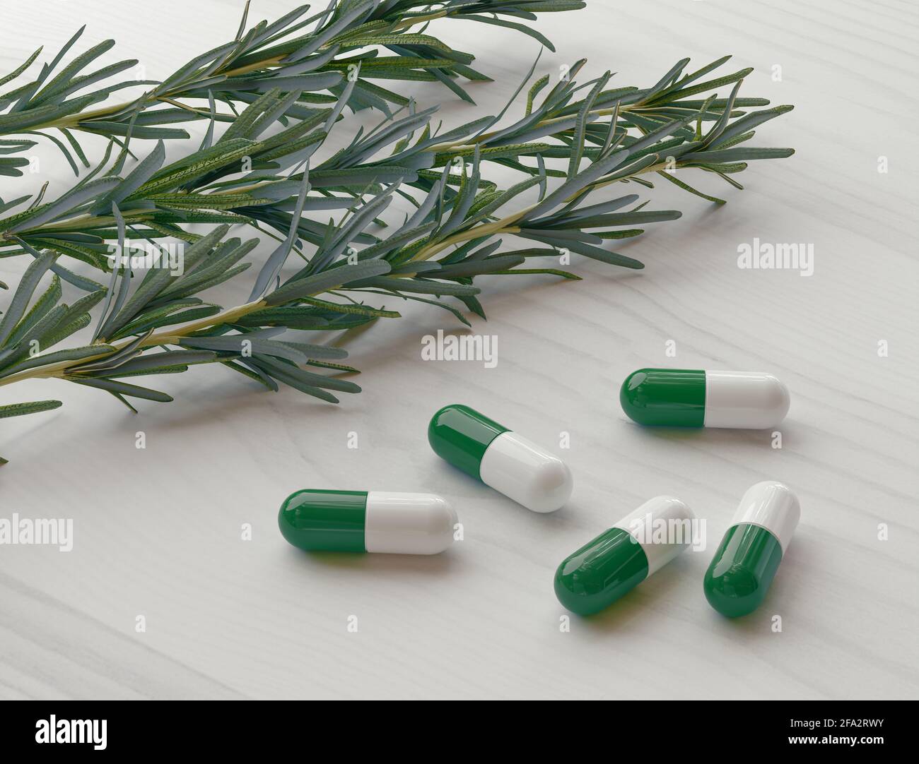 Rosmarino o erbe con supplementi e pillole di erbe di medicina alternativa. rendering 3d Foto Stock
