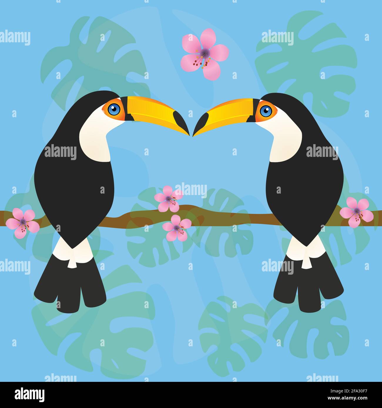 Un simpatico paio di toucans toco seduti insieme su un ramo. I loro becchi toccano. Sullo sfondo si trovano foglie di monstera e fiori di fiori rosa. Tropicale Illustrazione Vettoriale