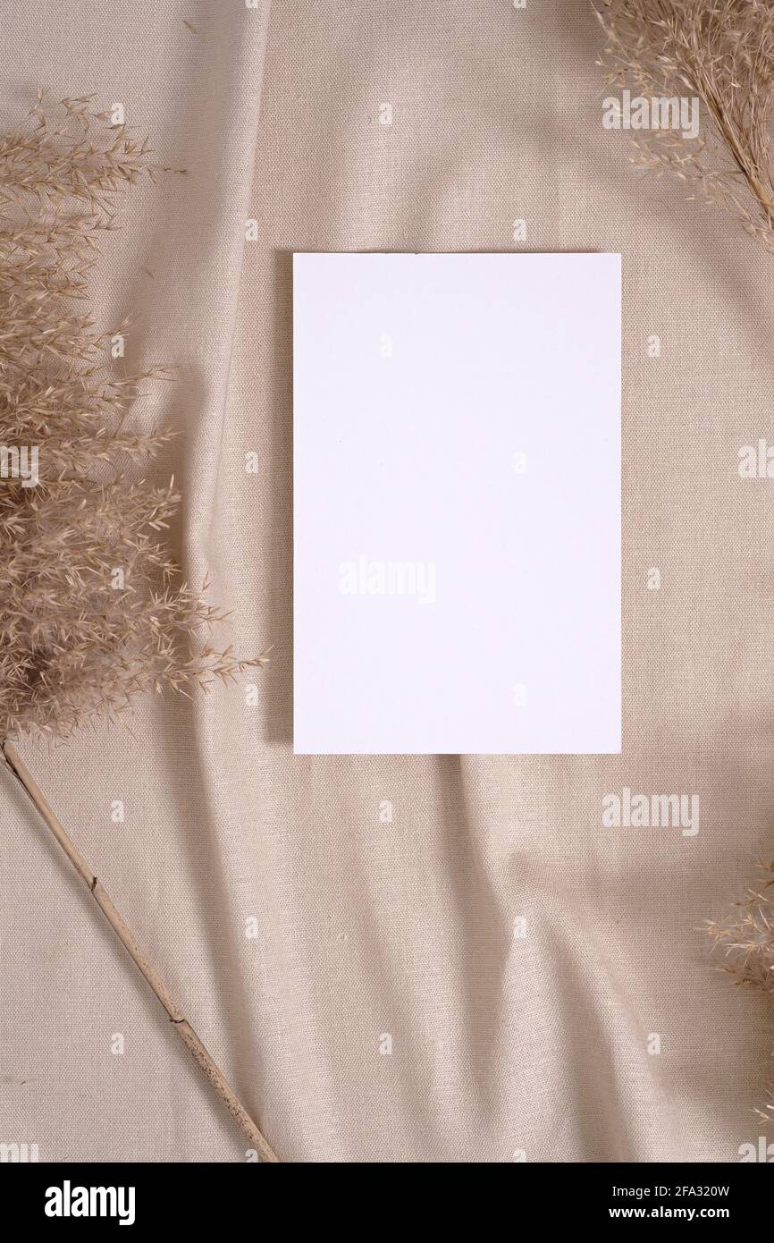 Carta bianca bianca mockup di carte con pampas erba secca su un tessuto di colore neutro beige Foto Stock
