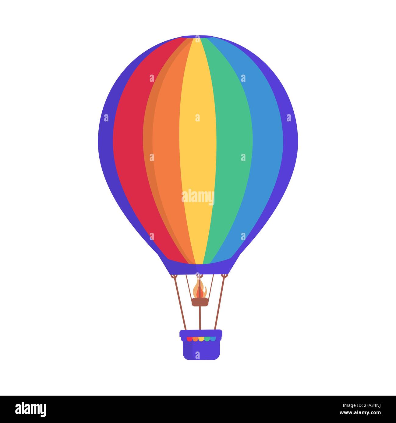 Pallone ad aria calda con colorate strisce arcobaleno vettore piatta illustrazione isolato su sfondo bianco. Trasporto aereo per viaggi, viaggi estivi, weekend perfetto e attività ricreative stagionali. Illustrazione Vettoriale